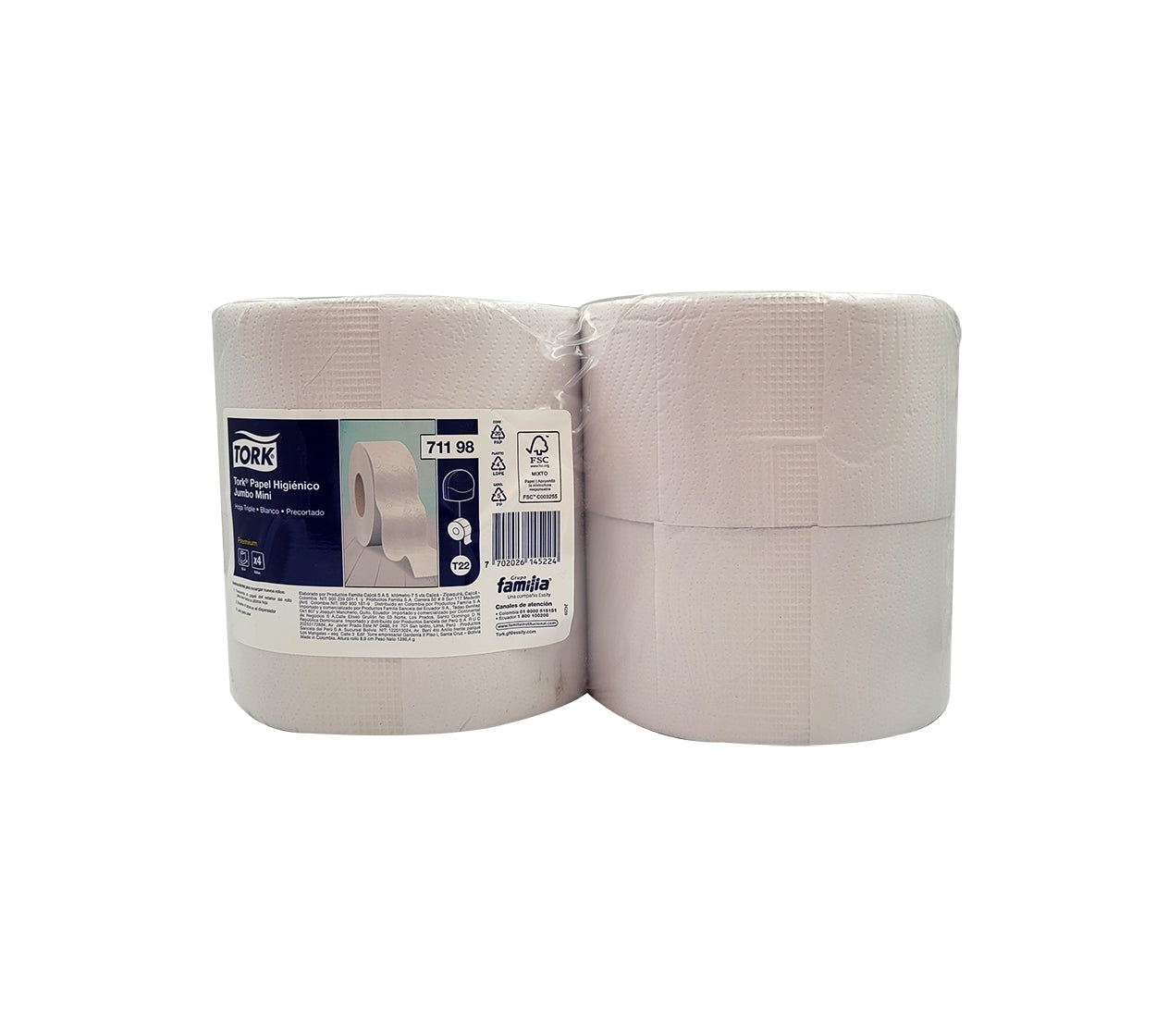 Papel higienico jumbo 71198 x 4x95 mt blanco 3h familia/tork