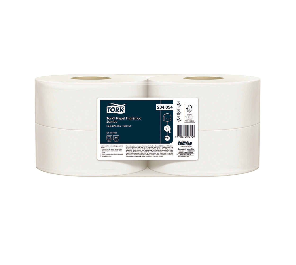 Papel higienico jumbo 204054 x 4x500 mt blanco 1h familia/tork