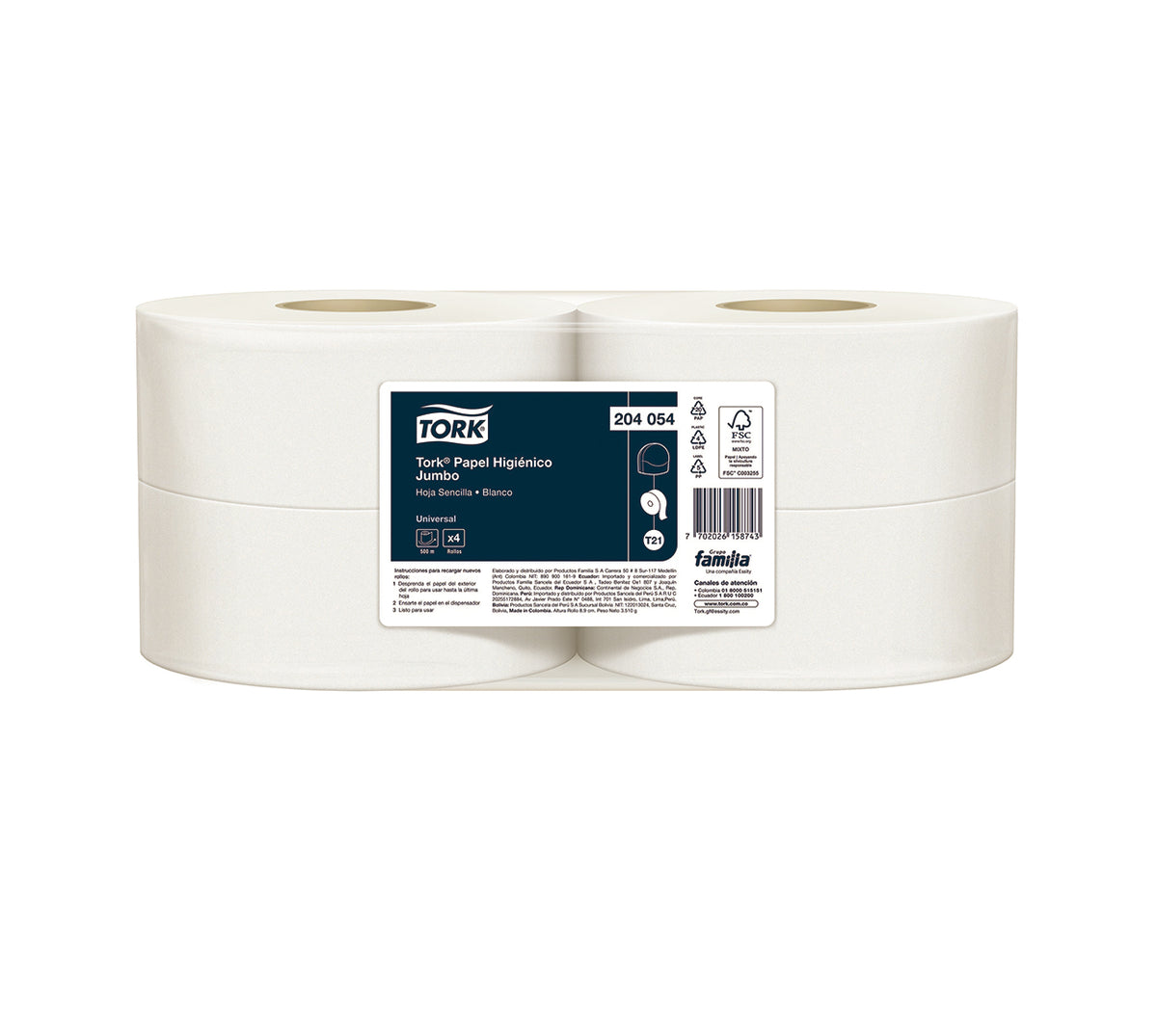 Papel higienico jumbo 204054 x 4x500 mt blanco 1h familia/tork