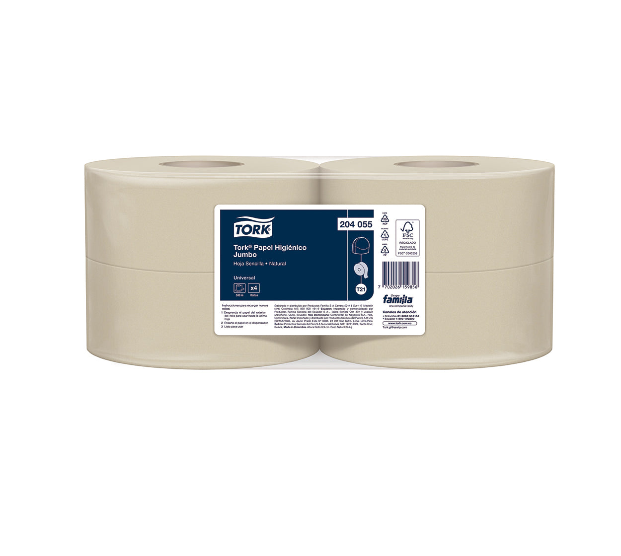 Papel higienico jumbo 204055 x 4x500 mt natural 1h familia/tork