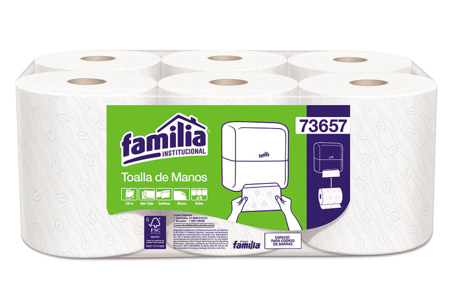 Toalla mano rollo 73657 x 6x120 mt blanco 3h familia/tork