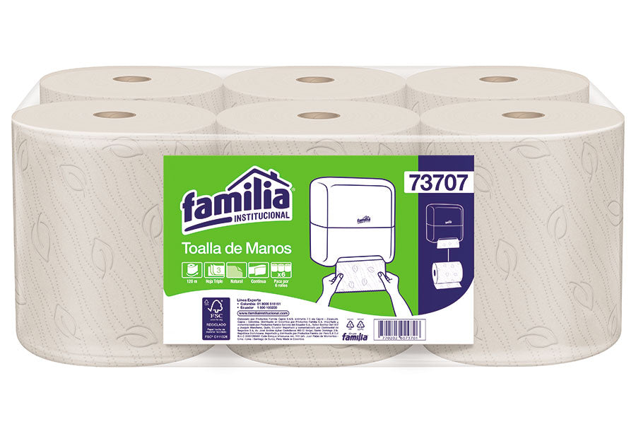 Toalla mano rollo 73708 x 6x120 mt natural 3h familia/tork